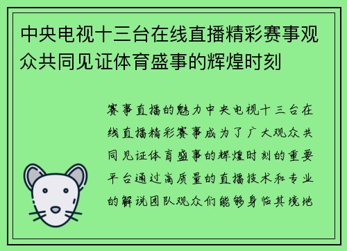 中央电视十三台在线直播精彩赛事观众共同见证体育盛事的辉煌时刻