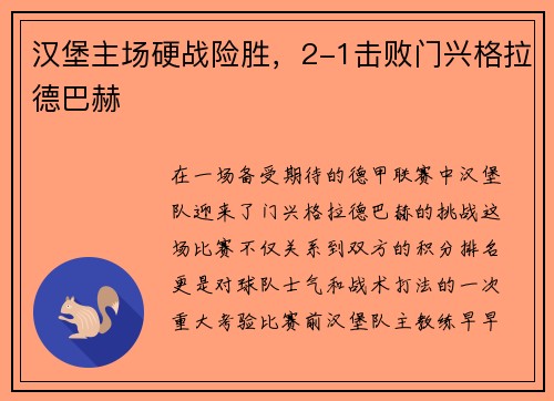 汉堡主场硬战险胜，2-1击败门兴格拉德巴赫