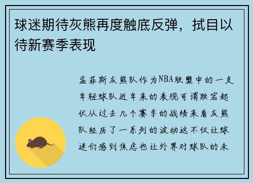 球迷期待灰熊再度触底反弹，拭目以待新赛季表现